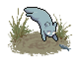 Pixel art of a young blue-grey slugcat in mid-leap.